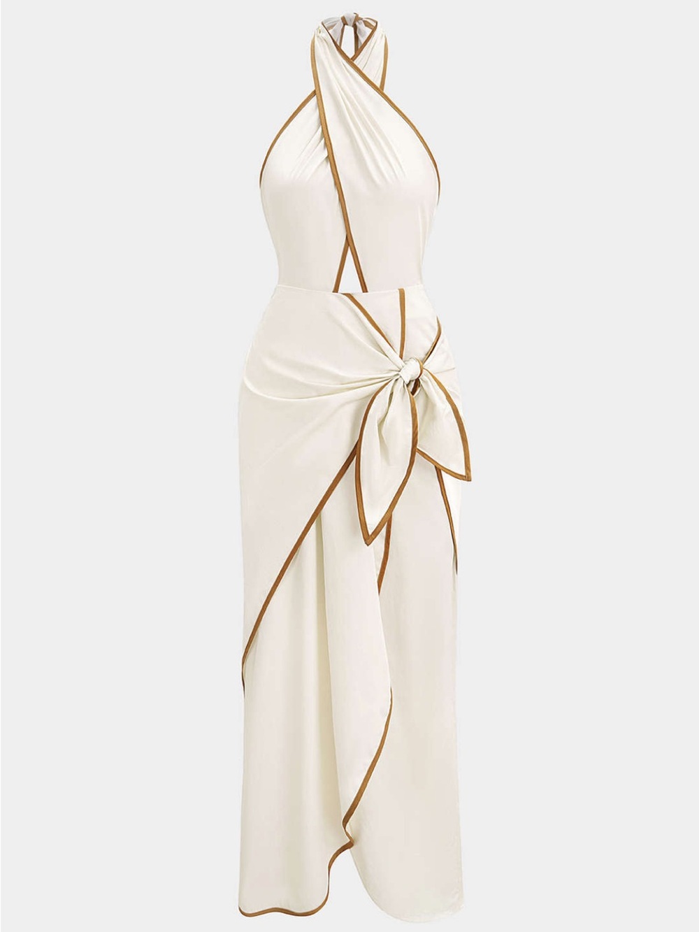 Cream Halter Maxi Dress with Tan Trim and Side Knot